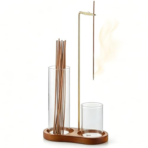 Soporte para varillas de incienso, base de madera, soporte para inciensos con recogecenizas de cristal, soporte extraíble para meditación, yoga, planta tropical, decoración de baño