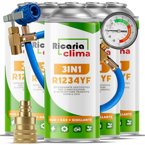 Ricaria Clima - Kit de Recarga de Aire Acondicionado para automóvil 3 en 1 sustituto R1234yf – 5 x Gas 3 en 1 con Manguera y Adaptador YF – 5 x 235 g