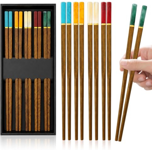5 Pares Palillos de Madera, Palillos Chinos Reutilizables, Chopsticks | Chopsticks para Sushi Ramen Arroz Fideos y Cocina Asiática, 5 Pares con Detalles de Color (Madera de Wengué)