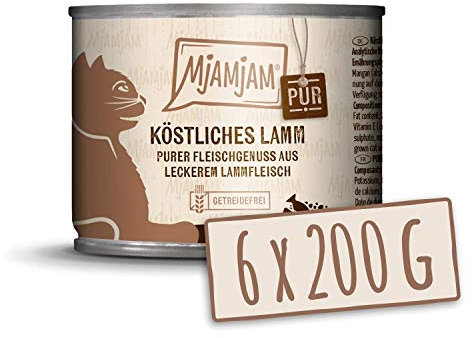 MjAMjAM - Premium Nassfutter für Katzen - purer Fleischgenuss - köstliches Lamm pur, 6er Pack (6 x 200 g), getreidefrei mit extra viel Fleisch