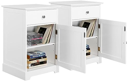 Yaheetech Bedside Tables Set of 2 for Bedroom, Bedside Cabinets with Lid & Drawer, Modern Wood Nightstand Storage Unit with Adjustable Shelf for Living Room Small Spaces Hallway Office, White