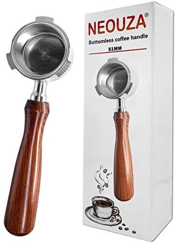 NEOUZA Espresso Bottomless Porte-filtre 51mm Compatible avec DeLonghi Dedica EC680/EC685/EC785/EC820/EC850/EC860 Machine à Café Smeg, Acier Inoxydable, Palissandre Premium