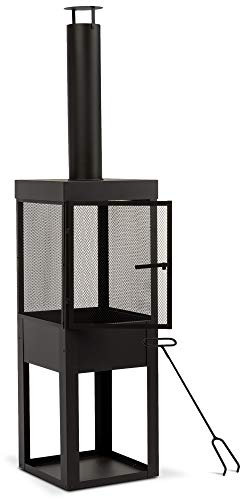 MaxxGarden Gartenkamin - Terrassenkamin - Outdoor Kamin Feuerstelle - Mit Stahlgitter - Brennholzablageort - Mit Funkenschutz Zum Entspannen - Ø40 x 195 cm - Schwarz