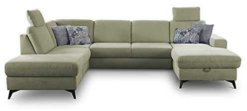 CAVADORE U-Form Lotta / Skandinavische Wohnlandschaft mit Federkern und 2 Kopfstützen / leichte Fleckentfernung dank Soft Clean / 303 x 88 x 212 / Grün