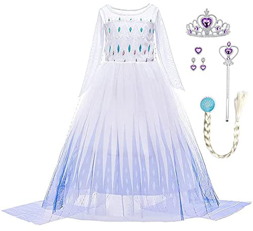 LiUiMiY Robe de Princesse Elsa Fille Déguisement Reine des Neiges Carnaval Costume Ansversaire Cosplay Noël Halloween Fête avec Accessoires, Blanc, 7-8 Ans(Étiqueter 150)