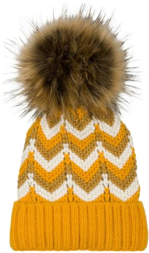 styleBREAKER Damen Strick Bommelmütze Zick-Zack Fleece | Weicher 12 cm Fake-Fur-Pompon. Isolierendes Thermo-Innenfutter gegen Kälte. Elastischer 23 cm Bund (für 47-58 cm Umfang).