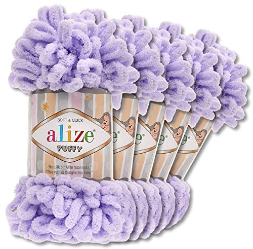 Wohnkult Alize 5 x 100 g Puffy Wolle Chenille Schlaufenwolle Häkeln und Stricken ohne Hilfsmittel Kleidung Accesoire Decken Teppiche (146 | Flieder)