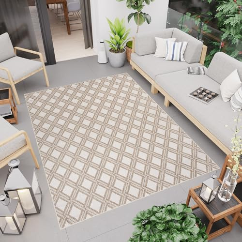 TAPISO Capri Teppich Outdoor Beige Creme Gitter Flachgewebe Sisaloptik Balkon Terrasse Küche Indoor Wetterfest Wasserfest UV-Beständig 80 x 150 cm