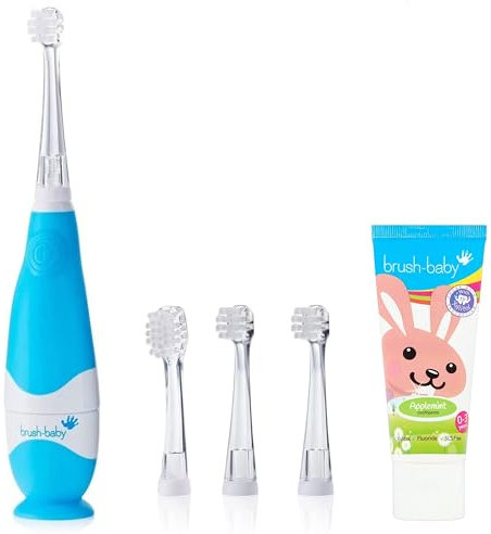 Brush-Baby - BabySonic Toddler Blue Electric Toothbrush Gift Set, 0-36 Months - Soft Vibrating Toothbrush, 4 Replacement Heads, Applemint Fluoride Toothpaste (12 ml) & 1 AAA Battery