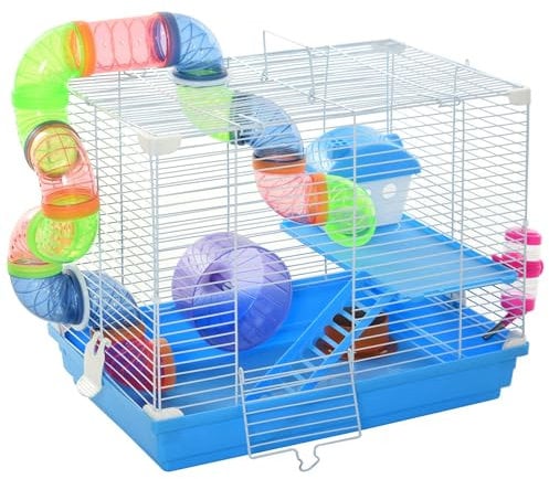 PawHut Jaula para Hámster 46x30x37 cm Casa para Hámster con Tubos Comedero Bebedero Rampa Rueda de Ejercicio y Asa Portátil para Interior y Exterior Azul y Blanco