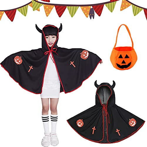 Tuofang Kinder Halloween Kostüm, Halloween Umhang Cape mit Ox Horn Mit Kapuze Mantel, HexenZauberer Umhang, Kürbis Candy Bag, Halloween Kostüme Cosplay Verkleidung für Jungen Mädchen (Schwarz)