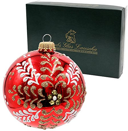 Dekohelden24 Lauschaer Christbaumschmuck - 6er Set Glaskugeln in glänzend Rot, mundgeblasen und handdekoriert in Gold und weiß, mit Goldkrönchen, Größe Ø ca. 8 cm