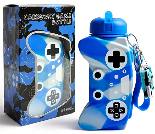CARESWAY Kids Water Bottle with Keyring – 600 ml Girls and Boys Game Drinking Bottle For School - Leakproof Reusable BPA Free for Children Drinks (Blue)