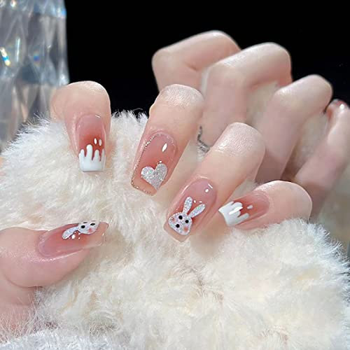 24 PCS Faux ongles français Faux ongles de longueur moyenne Faux ongles roses et blancs Faux ongles en forme de lapin Faux ongles pour les femmes et les filles