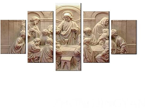 VEYEBZ 5 Stück Leinwandgemälde Wandkunst Das Letzte Abendmahl Relief HD Bild 5 Teiliges Leinwand Drucke 100×50cm Mit Rahmen Modulare Wandmalerei Abstraktes Poster Zimmer Dekoration Geschenk