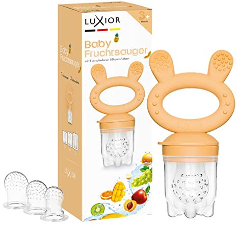 Luxior Fruchtsauger Baby Set sun | Fruchtsauger für Baby + 3 Aufsätze | Schnuller zum Befüllen mit Obst, Gemüse, Brei & Baby Essen | Fruchtsauger Baby ab 3 Monate | BPA-freie Zahnungshilfe