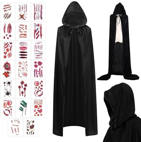 SPHERETRON Halloween Kostüm Damen Schwarzer Umhang Halloween Umhang Damen Kostüm Halloween Damen Schwarzer Umhang mit Kapuze Halloween Kostüm Männer für Halloween Party (Schwarz, 140cm)