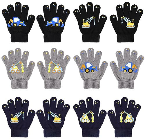 QKURT 6 Paar Magische Handschuhe für Kinder, Winterthermische Handschuhe Vollfinger Kinderhandschuhe Dinosaurier/Baggermuster für Jungen Mädchen