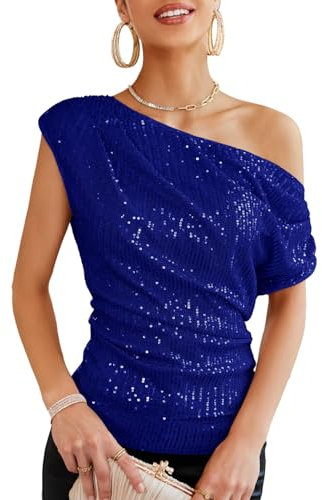 GRACE KARIN Damen Glitzer Pailletten Schmal Oberteil Schrägkragen Party Blusen Festliche Tops für Hochzeit, Farbe: Königsblau, Größe: XXL