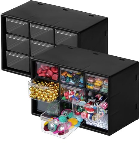 Winter Shore Bastelbox Aufbewahrung mit 9 Schubladen [2er-Pack] - Durchsichtige & Schwarze Schubladenbox Schreibtisch - Herausnehmbare Mini-Schubladen für Zubehör, Büro-, Näh- & Bastelbedarf