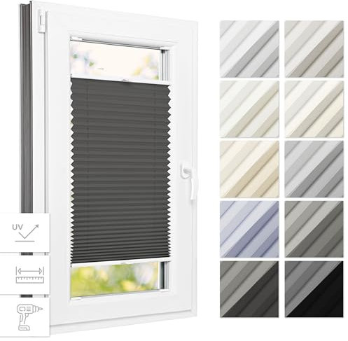 Estika Thermo Plissee mit Bohren 90 cm x 150 cm - Anthrazit - Rollos für Fenster mit Bohren, Jalousien Fenster für innen, Raffrollo, Fenster plissee