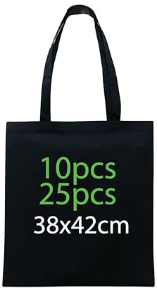 Enviroflex Bolsas de Asas Premium de Lona 100% Algodón, Bolsas de Compra Sostenibles, Ecológicas y Reutilizables con Asas Largas, 38x42 cm (Paquete de 10, Negro)