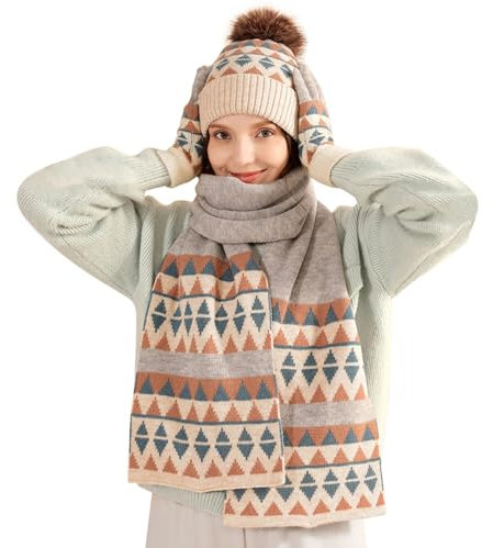 FNKDOR 2023 Winter Norweger Mütze Schal Handschuhe Set Herren Damen Beanie Strickmütze mit Bommel Schal Touchscreen Handschuhe 3in1 Set (Blue, One Size)