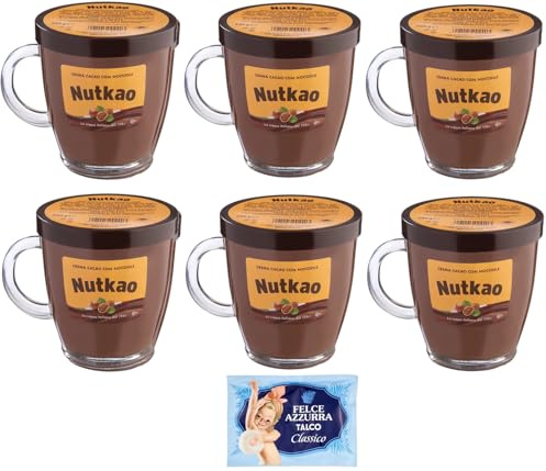 6er-Pack Nutkao Crema Cacao con Nocciole,Streichfähige Creme Kakao mit Haselnüssen,Italienische Creme, 330g-Glas + 1er-Pack Kostenlos Felce Azzurra Talkumpuder, 100g-Beutel