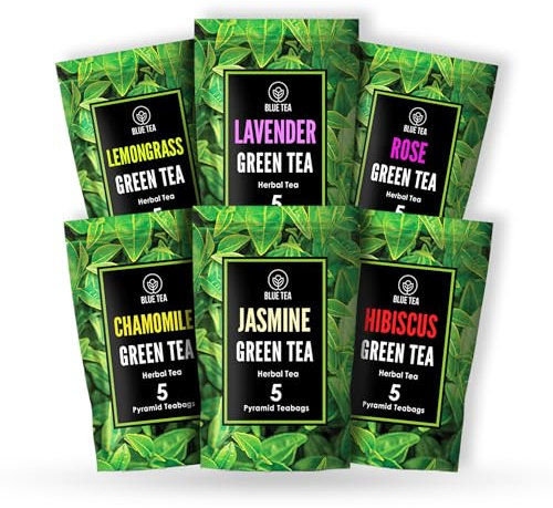 BLUE TEA - Green Tea Assorted Sampler Tea Pack (6 Flavors, 30 Biodegradable Tea Bags) | Lemongrass, Lavender, Rose, Chamomile, Jasmine & Hibiscus | Herbal Tea-Vegan |