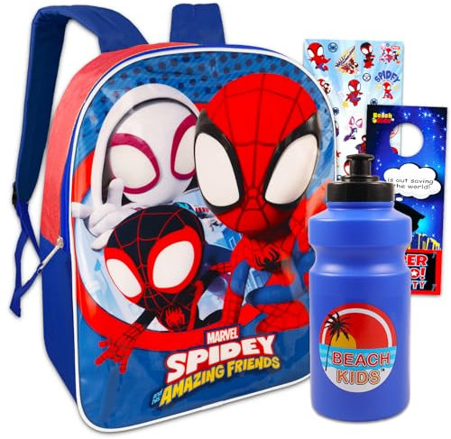 Spidey and His Amazing Friends - Mochila de 15 pulgadas - Paquete con mochila Spiderman de 15 pulgadas para niños, botella de agua, más | Mochila Spidey para niños y niñas, Mochila escolar Marvel,