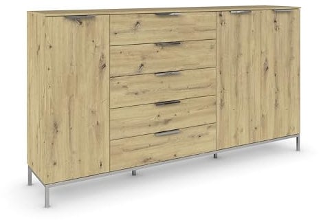 Rauch Möbel Flipp, Kombikommode, Kommode mit Stauraum für Wohnzimmer, Schlafzimmer, Flur, 4 Fachböden, mit Metallkufe chrom, Eiche Artisan, Holz, 3-türig, 5 Schubladen, Griffe chrom, 199x111x42cm