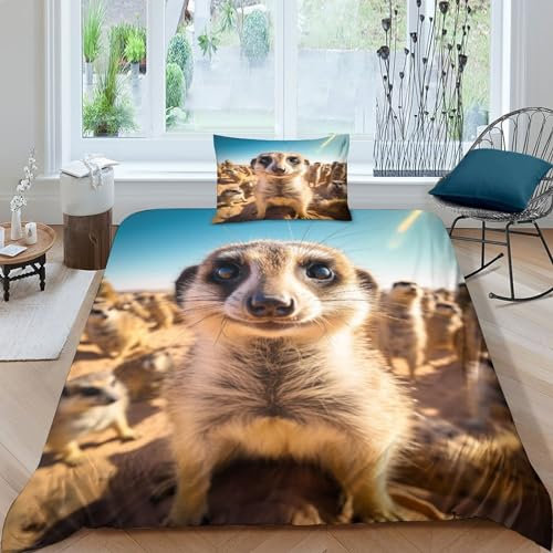 VesFy 3D Niedliches Erdmännchen Druck Bettbezug Set Microfaser 2 Teilig Kunst-Tiere Bettwäschegarnitur Reissverschluss Mit Kopfkissenbezug Für Kinder Schlafzimmer Bettdecke Decken Single（135x200cm）