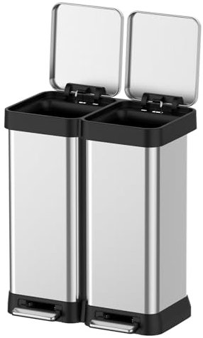 10 Gallon Dual Trash and Recycling Bin, 40L(2x20L) Fingerprint Proof Stainless Steel Kitchen Garbage Can with Double Lid, Hands-Free Step Rubbish Bin without Inner Bucket for Kitchen Home Office
