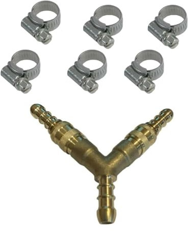 3 Way Quick Release Gas Hose Splitter Coupling for 8mm Propane/Butane Hose + 6 Clips