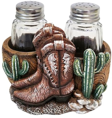 The Bridge Collection Decorative Salt and Pepper Shaker Set - 3 Piece - Western Cowboy Design with Glass Shakers