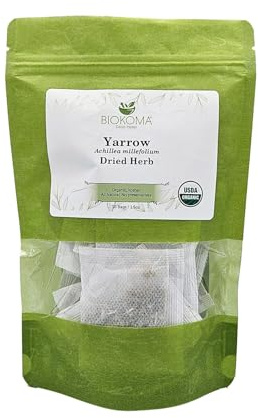 Biokoma Organic Yarrow Dried Herb 30 Tea Bags 1.5oz Dried Achillea Millefolium Digestion Skin Health Support USDA Organic Caffeine Free Herbal Tea Resealable Pouch Pure No Preservatives No GMO Kosher