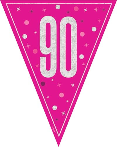 Unique 82014 Wimpelkette „Happy 90th Birthday“ – 2,74 m – Glitz Rosa Geburtstagsparty (1 Stück), Multicolour