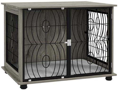 PawHut Dog Crate Furniture, Dog Cage End Table with Large Top, Soft Washable Cushion, Lockable Front Door, Wire Mesh Ventilation, Indoor Pet Crate for Medium Sized, 80 x 56 x 63cm - Grey wood effect