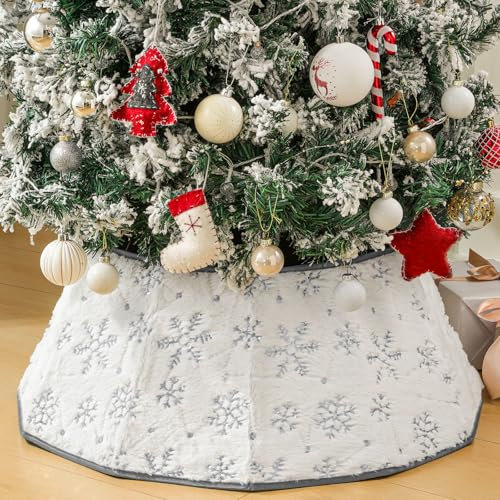 Lewondr Weihnachtsbaum Rock, 66CM Christbaumdecke Deko Baumkragen mit Pailletten Schneeflockenmuster, Plüsch-Weihnachtsbaumdecke Faltbarer Weihnachtsbaumkragen für Weihnachtstag Zuhause, Weiß & Grau