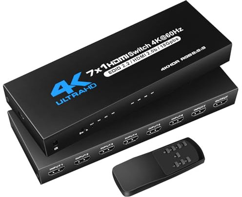 BolAAzuL HDMI Switch 7 Entrées 1 Sortie 4K@60Hz, Commutateur HDMI 2.0 7 Ports Boîte de Sélection HDM I Hub avec Télécommande Soutien 3D HDCP 2.2 HDR pour PS5 Xbox Series X HDTV PC avec Alimentation