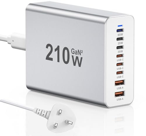 210W USB C Charger, Multiple Type C【6USB-C+2USB-A】Fast Charge PD+QC 3.0 Charging Station GaN Power Adapter Compatible with MacBook Pro/Air/iPhone 12/13/14/15/16/Galaxy S21/S22/S23/S24