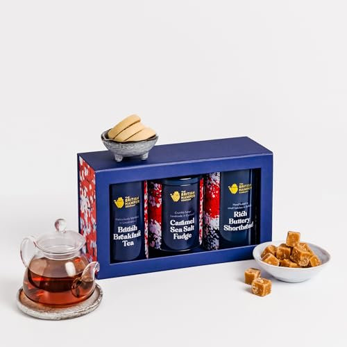 The British Hamper Company Tea & Biscuits Gift Set, Mother's Day & Eid Gifts, Gourmet Suffolk Shortbread, Cornish Fudge, Lincolnshire Breakfast Tea Bags, Smart Tins & Gift Box for Wife & Girlfriend