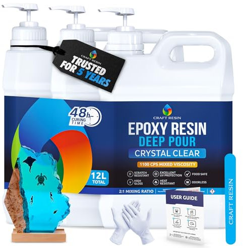 CRAFT RESIN 12L Crystal Clear Deep Pour Epoxy Resin Kit with Pumps - Food Safe & UV Resistant Best for DIY, Art, River Table, Wood, Flower, Mould Casting Resin Epoxy Kit - for Beginners & Pros