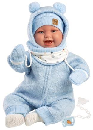 Llorens 1018479 Babypuppe Talo, mit blauen Augen und weichem Körper, Baby Puppe inkl. flauschigem blauem Winter-Outfit, Schnuller, Schnullerkette, 44 cm