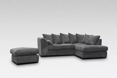 Germodify JUMBO CORD LEFT/RIGHT HAND CORNER SOFA SUITE SET + CUSHION FOOTSTOOL (7 COLOURS) (CHARCOAL GREY, LEFT HAND SOFA + FOOTSTOOL)