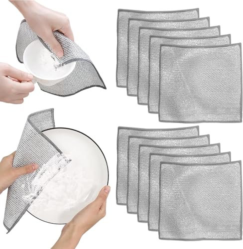 POHOVE 10pcs Multipurpose Wire Dishwashing Rags Reusable Kitchen Cleaning Wire Dish Towels Dish Cloths Lint Fr-ee Duster Cloth Multifunctional Wire Dishcloth for Kitchen(SIZE:7.8X7.8IN)