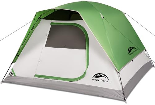 Happy Travel Campingzelt, 4 Personen Kuppelzelte für Camping mit Regenfliege, wasserdichter Clip, einfacher Aufbau, tragbares Familienzelt mit Netzfenstern, 20% mehr Kopffreiheit, Rucksackzelte für
