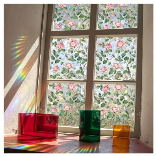 Singring Flower Privacy Window Film, Stained Glass Decals Floral Privacy Rainbow Window Films, Non-Adhesive UV Proof Static Clings Window Films Decals for Glass Window Decoration (Pink Flower)