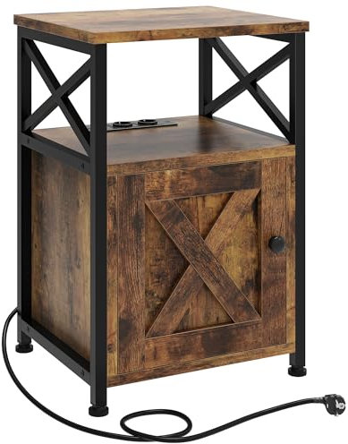 YITAHOME Table d'appoint, table de chevet avec cabinet, table de salon en forme de X avec station de charge, 2 ports USB et prises, console de nuit, structure en métal, 40 x 35 x 60 cm, marron vintage