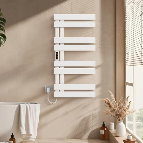Truvito Badheizkörper Elektrisch 1000x500 mm, Handtuchheizkörper Flach mit LED-Touchscreen, Timer-&Temperature Fucktion, Handtuchhalter Wandmontage, Wasserdicht, Auslaufschutz (Elfenbeinweiß)